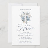 ほこりっぽい青いフローラクロスバプテスマ 招待状 (正面)