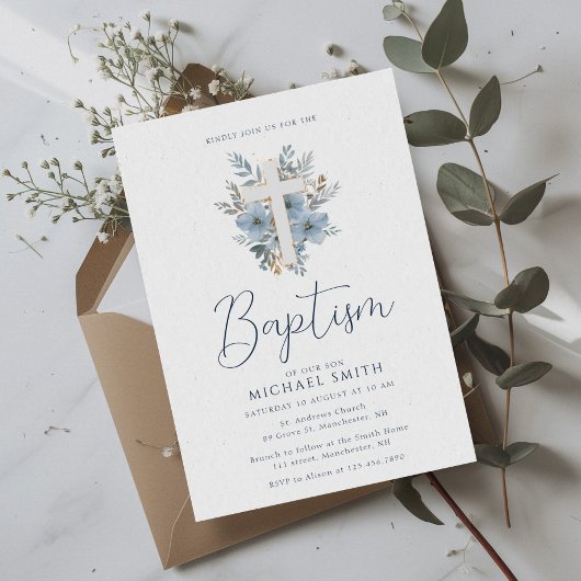 ほこりっぽい青いフローラクロスバプテスマ 招待状