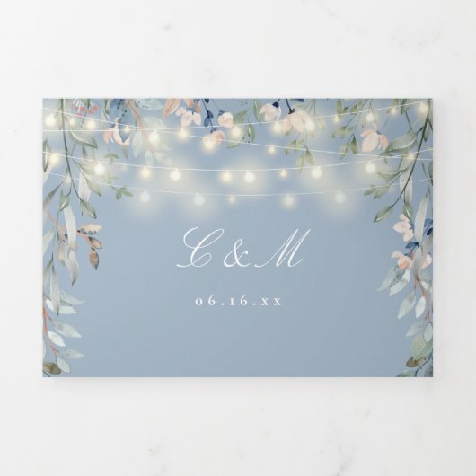 ほこりっぽい青いフローラストリングライトフォト結婚ズ 三つ折り招待状 (カバー)