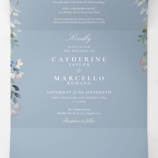 ほこりっぽい青いフローラストリングライトフォト結婚ズ 三つ折り招待状 (内部中)