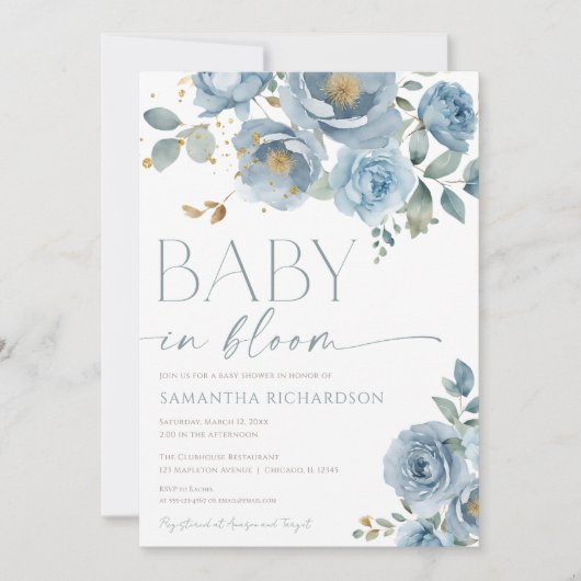 ほこりっぽい青いフローラベビーで開花男の子のシャワー 招待状 (正面)