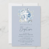 ほこりっぽい青いフローラホワイトクロスバプテスマ 招待状 (正面)