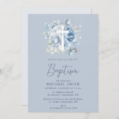 ほこりっぽい青いフローラホワイトクロスバプテスマ 招待状 (正面/裏面)