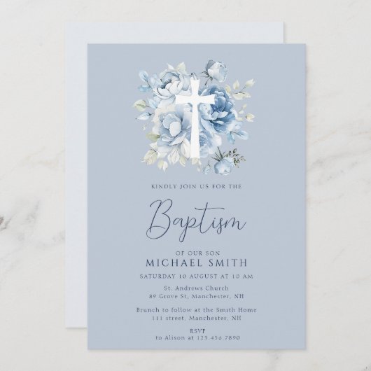 ほこりっぽい青いフローラホワイトクロスバプテスマ 招待状 (正面/裏面)