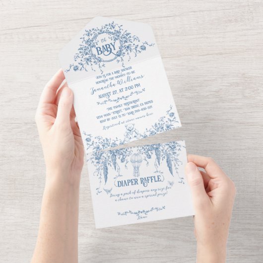 ほこりっぽい青いフローラヴィンテージテディベア赤ちゃんシャワー オールインワン招待状 (貼ってはがせる)