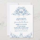 ほこりっぽい青いフローラヴィンテージテディベア赤ちゃんシャワー 招待状 (正面)