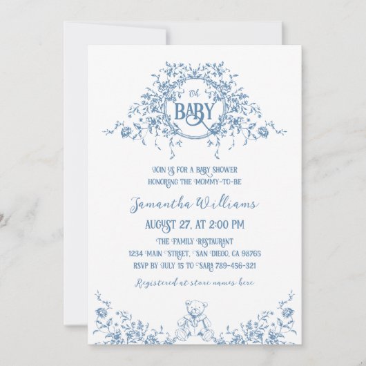ほこりっぽい青いフローラヴィンテージテディベア赤ちゃんシャワー 招待状 (正面)