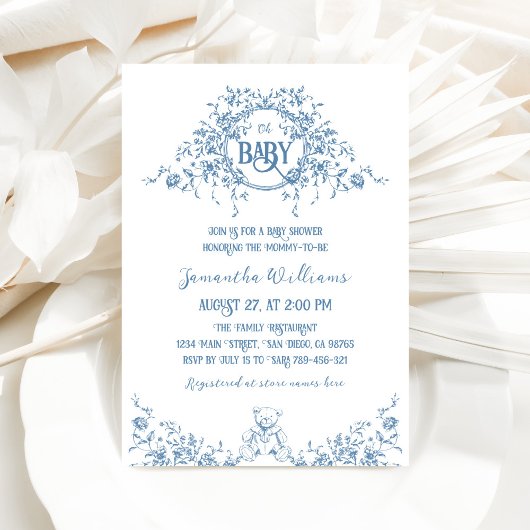 ほこりっぽい青いフローラヴィンテージテディベア赤ちゃんシャワー 招待状