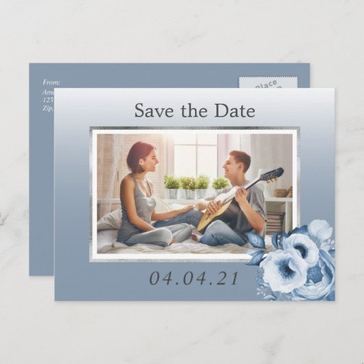 ほこりっぽい青いフローラ写真の結婚式の日付を保存 案内ポストカード (正面/裏面)