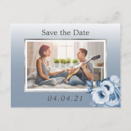 ほこりっぽい青いフローラ写真の結婚式の日付を保存 案内ポストカード