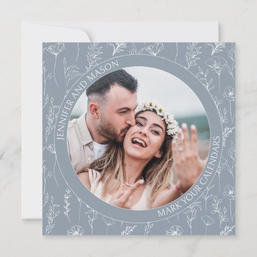 ほこりっぽい青いフローラ日付の写真の招待を保存 (裏面)