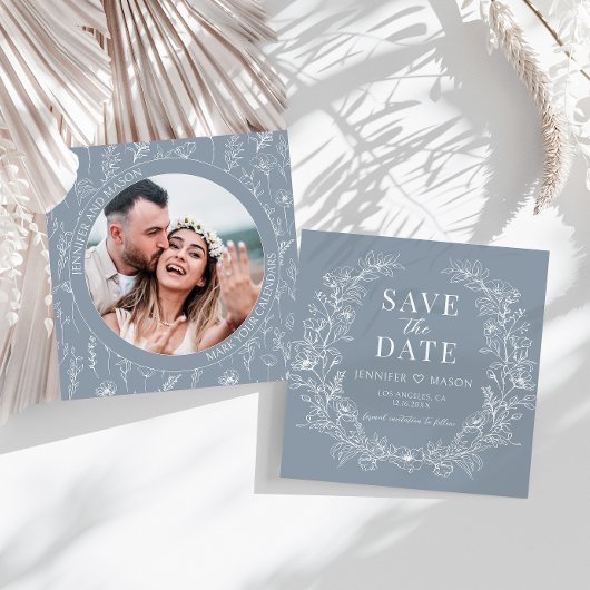 ほこりっぽい青いフローラ日付の写真の招待を保存