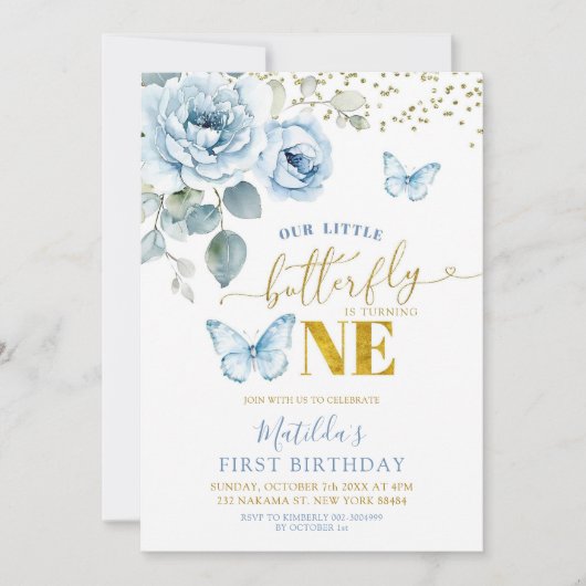 ほこりっぽい青いフローラ私たちの小さな蝶のターン1 招待状 (正面)