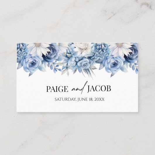 ほこりっぽい青いフローラ結婚の花 プレイスカード (裏面)