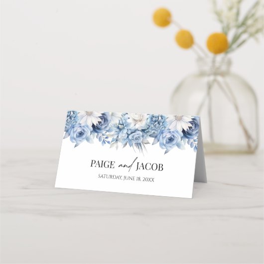 ほこりっぽい青いフローラ結婚の花 プレイスカード (裏面)