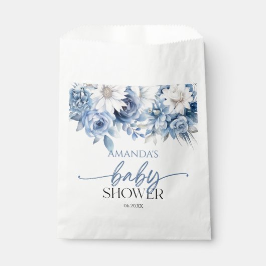 ほこりっぽい青いフローラ花赤ちゃんシャワー フェイバーバッグ (正面)