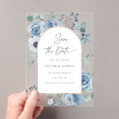 ほこりっぽい青いフローラ金ゴールドアーチ日付を保存 アクリル招待状 (インサイチュ (ポータブル))