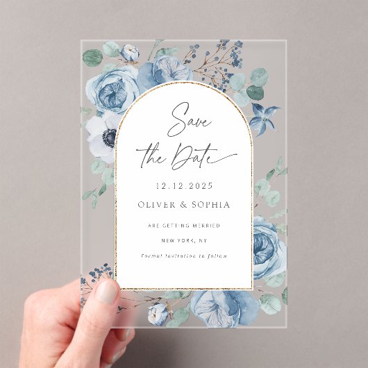 ほこりっぽい青いフローラ金ゴールドアーチ日付を保存 アクリル招待状 (インサイチュ (ポータブル))