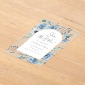 ほこりっぽい青いフローラ金ゴールドアーチ日付を保存 アクリル招待状 (レイダウン)