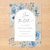 ほこりっぽい青いフローラ金ゴールドアーチ日付を保存 アクリル招待状 (正面)