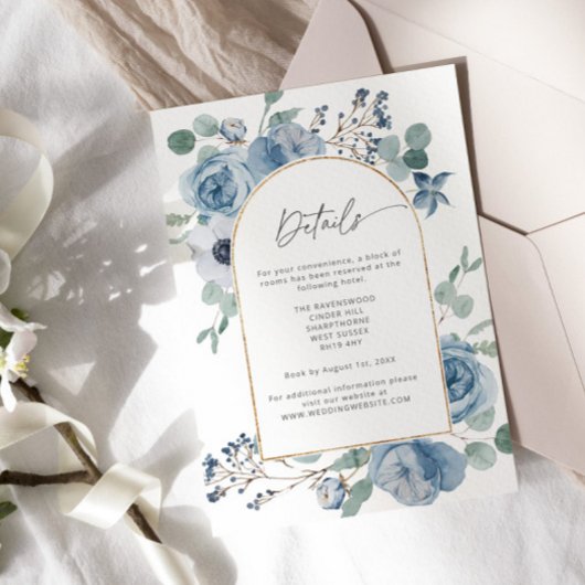 ほこりっぽい青いフローラ金ゴールドアーチ日付を保存 招待状