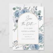 ほこりっぽい青いフローラ金ゴールドアーチ日付を保存 招待状 (正面)