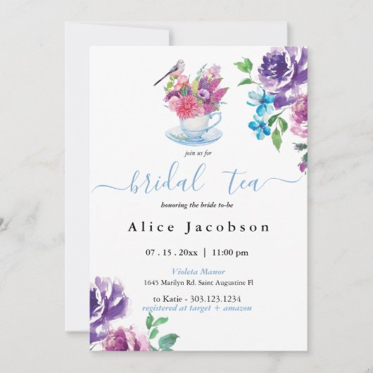 ほこりっぽい青いブライダルシャワー、午後のお茶の招待状、 招待状 (正面)