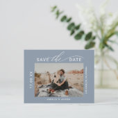 ほこりっぽい青いブラシスクリプト2写真の日付を保存 ポストカード (スタンド正面)