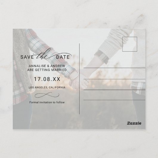 ほこりっぽい青いブラシスクリプト2写真の日付を保存 ポストカード (裏面)