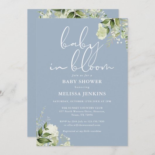 ほこりっぽい青いベビーの開花緑の赤ちゃんシャワー 招待状 (正面/裏面)