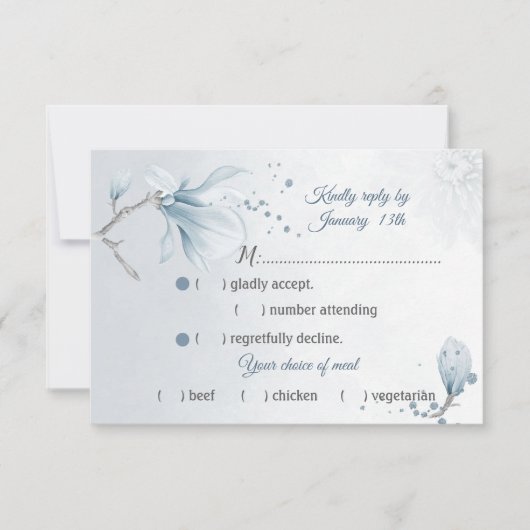 ほこりっぽい青いマグノリア花の食事の選択RSVP 出欠カード (正面)