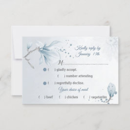ほこりっぽい青いマグノリア花の食事の選択RSVP 出欠カード