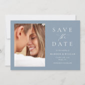 ほこりっぽい青いモダン写真結婚式の日付を保存 セーブザデート (正面)