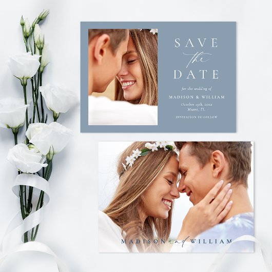 ほこりっぽい青いモダン写真結婚式の日付を保存 セーブザデート