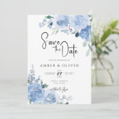 ほこりっぽい青いライトブルー葉のフローラが日付を保存 招待状 (スタンド正面)