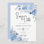 ほこりっぽい青いライトブルー葉のフローラが日付を保存 招待状 (正面/裏面)