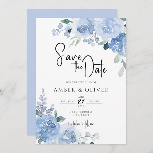 ほこりっぽい青いライトブルー葉のフローラが日付を保存 招待状 (正面/裏面)