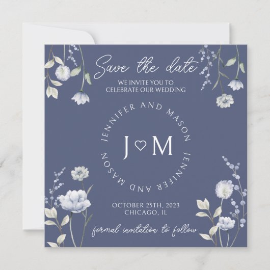 ほこりっぽい青いワイルドフラワーのフローラ日付写真を保存 招待状 (正面)