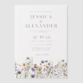 ほこりっぽい青いワイルドフラワーエレガントな結婚式 ベラム紙招待状 (正面)