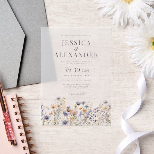ほこりっぽい青いワイルドフラワーエレガントな結婚式 ベラム紙招待状 (ウェディング)