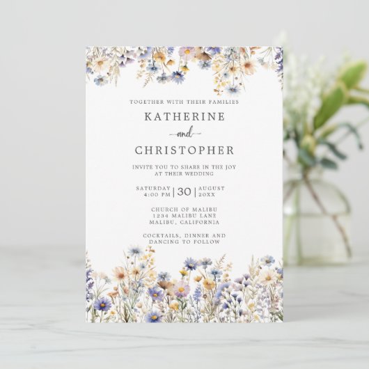 ほこりっぽい青いワイルドフラワーズオールインワン結婚ズ 招待状 (スタンド正面)