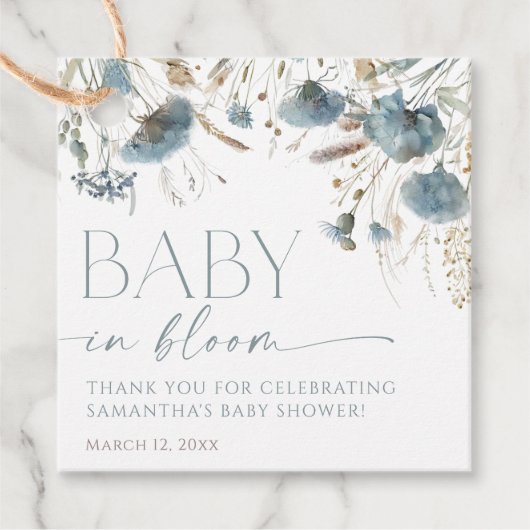 ほこりっぽい青いワイルドフラワーズベビーで開花のボーイシャワー フェイバータグ (正面)