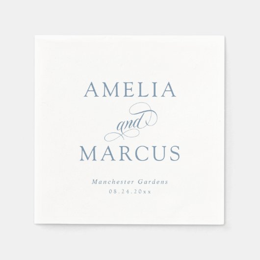 ほこりっぽい青いヴィンテージ結婚書道 スタンダードカクテルナプキン (正面)