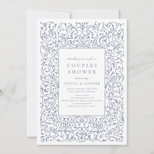 ほこりっぽい青いヴィンテージ華美フレームカップルシャワー 招待状 (正面)