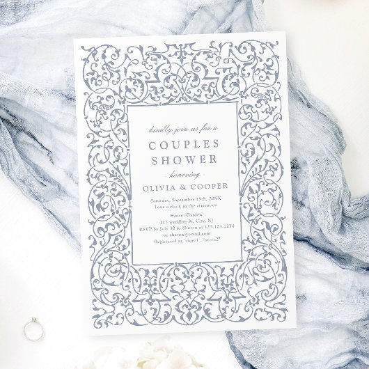 ほこりっぽい青いヴィンテージ華美フレームカップルシャワー 招待状