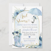 ほこりっぽい青い傘4月シャワー赤ちゃんシャワー 招待状 (正面)
