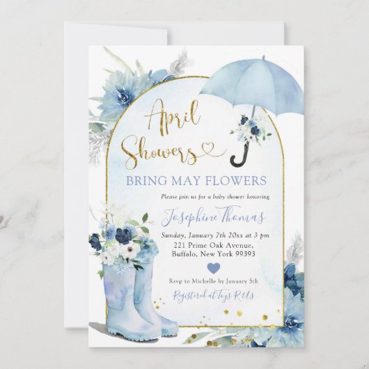 ほこりっぽい青い傘4月シャワー赤ちゃんシャワー 招待状