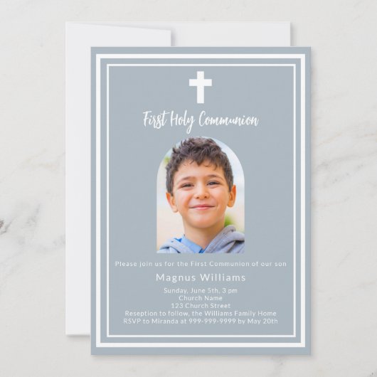ほこりっぽい青い写真のアーチ第一聖餐式 招待状 (正面)