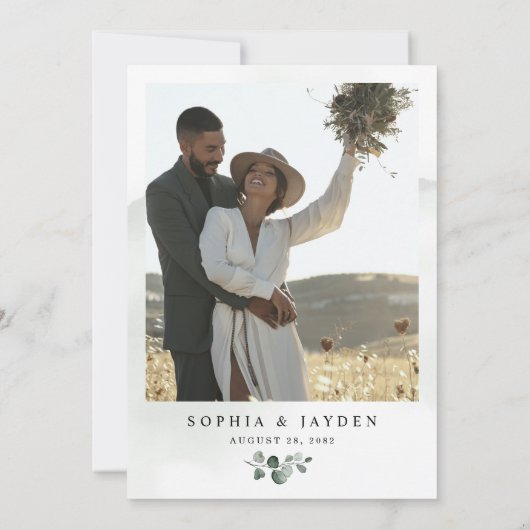 ほこりっぽい青い写真の緑の風変わりなエレガントな結婚式 招待状 (裏面)