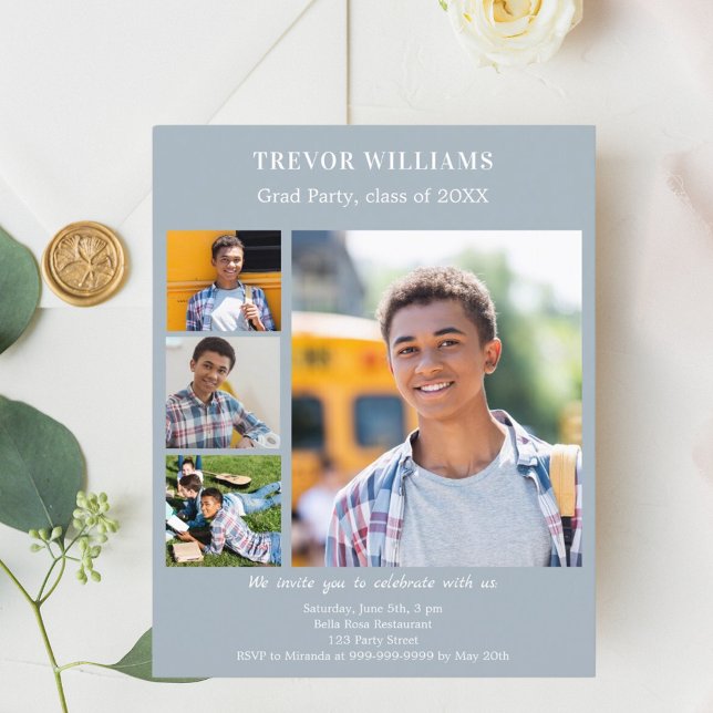 ほこりっぽい青い写真卒業パーティーの招待状 (クリエイターアップロード済み)
